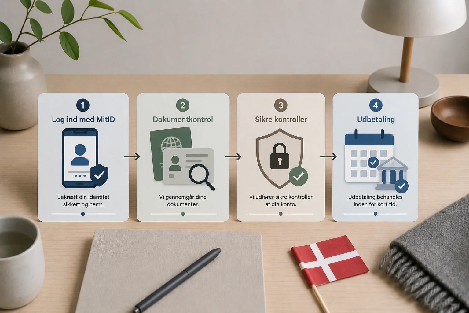 Overskueligt flow for MitID, dokumenter og udbetaling